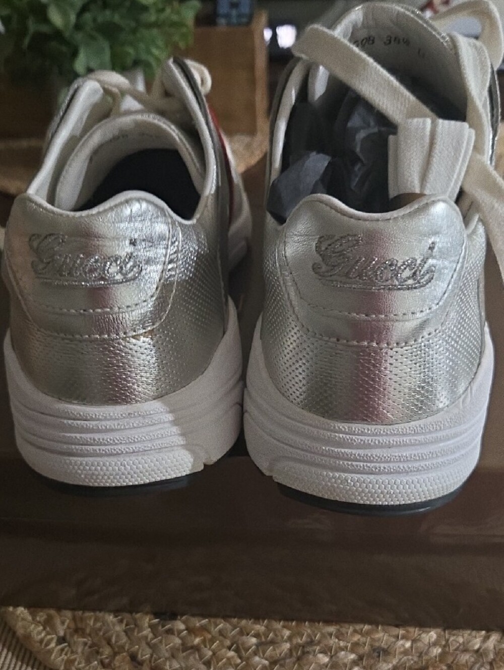 Gucci Silver Metallic Athletic Sneakers with Red & Green Web Stripe - Picture 2 of 7